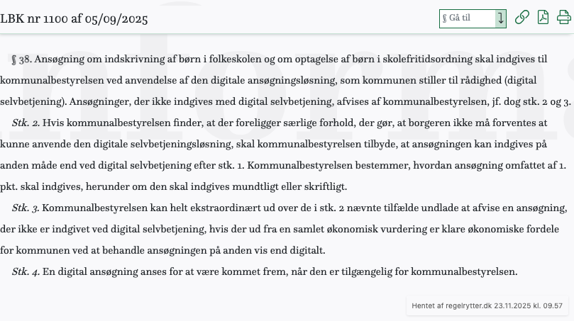 Screenshot af § 38. fra retsinformation.dk