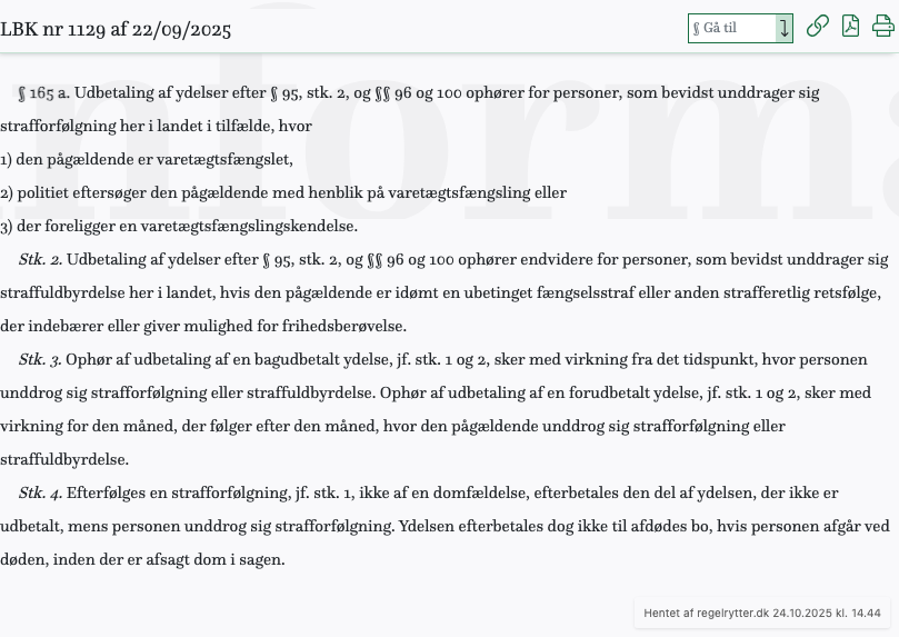 Screenshot af § 165 a. fra retsinformation.dk