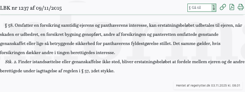 Screenshot af § 58. fra retsinformation.dk