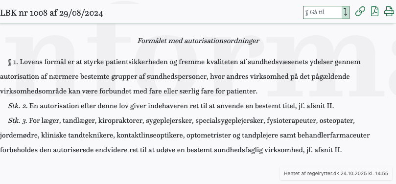 Screenshot af Autorisationsloven fra retsinformation.dk
