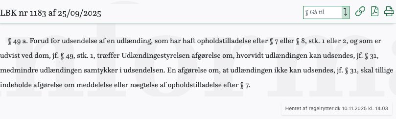 Screenshot af § 49 a. fra retsinformation.dk