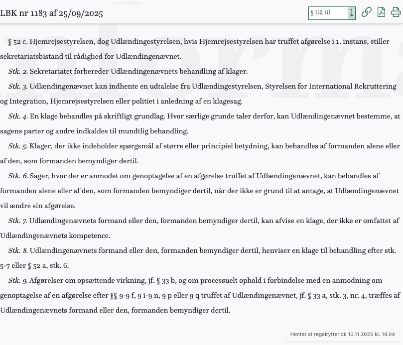 Screenshot af § 52 c. fra retsinformation.dk