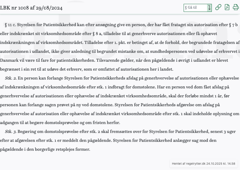 Screenshot af § 11 c. fra retsinformation.dk