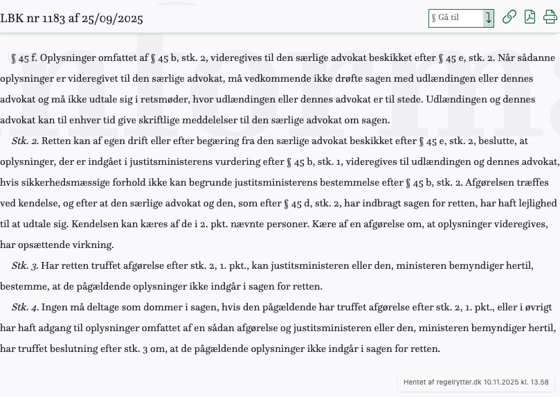 Screenshot af § 45 f. fra retsinformation.dk