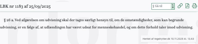 Screenshot af § 26 a. fra retsinformation.dk