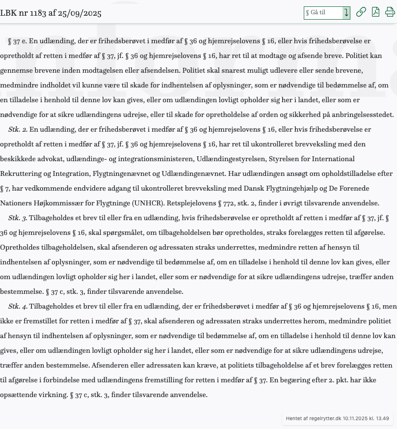 Screenshot af § 37 e. fra retsinformation.dk