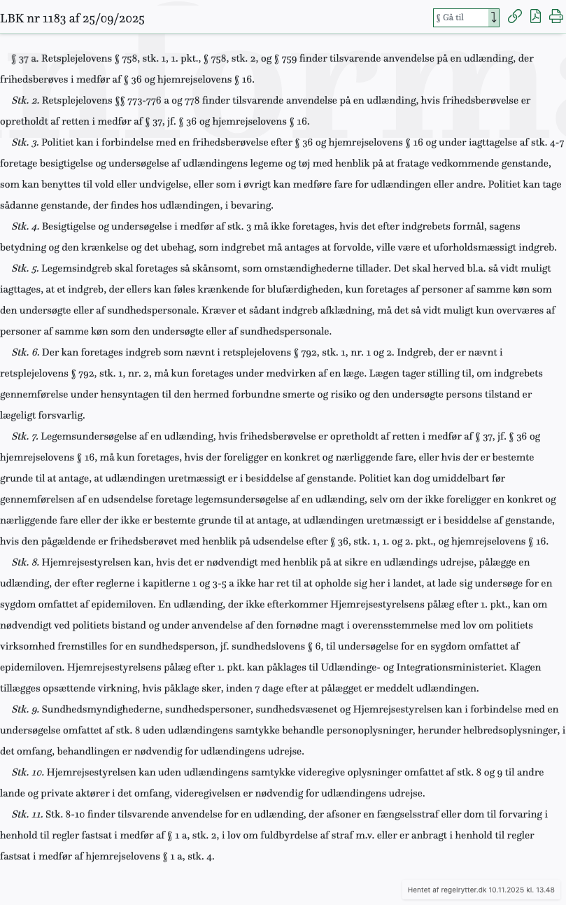 Screenshot af § 37 a. fra retsinformation.dk