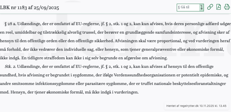 Screenshot af § 28 a. fra retsinformation.dk
