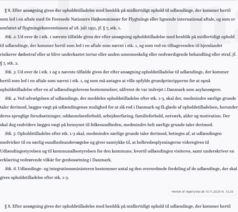 Screenshot af § 8. fra retsinformation.dk