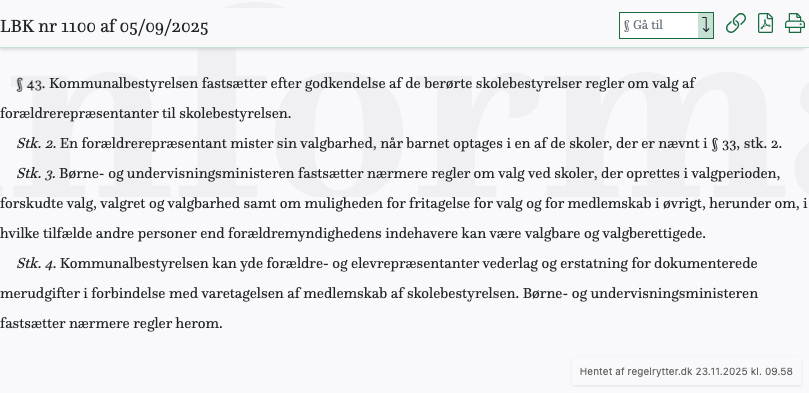 Screenshot af § 43. fra retsinformation.dk