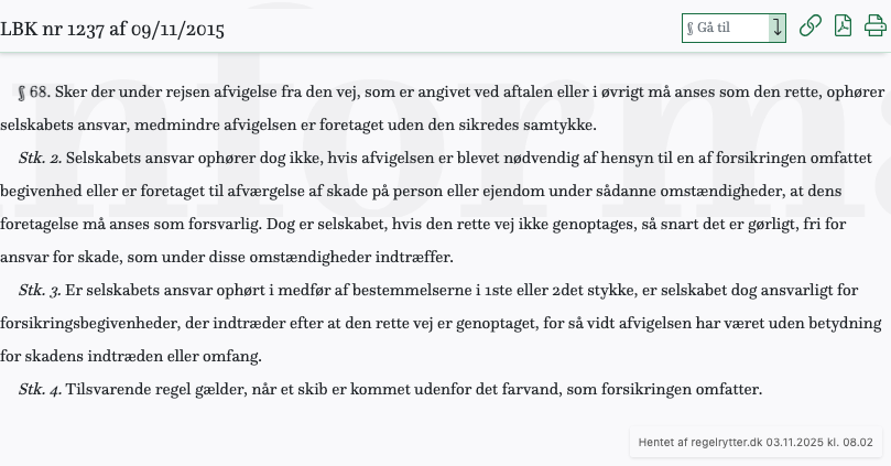Screenshot af § 68. fra retsinformation.dk