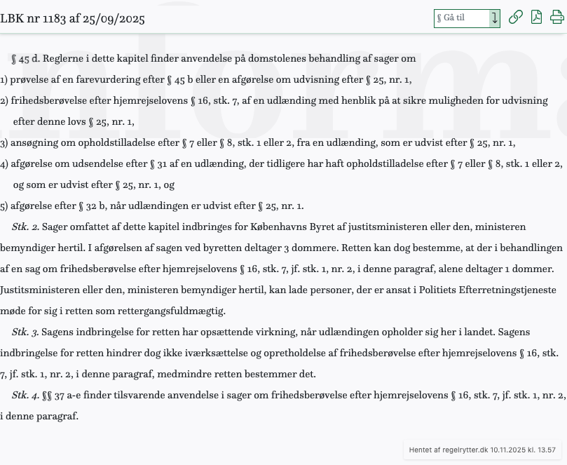 Screenshot af § 45 d. fra retsinformation.dk