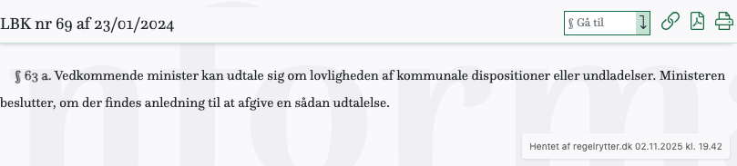 Screenshot af § 63 a. fra retsinformation.dk