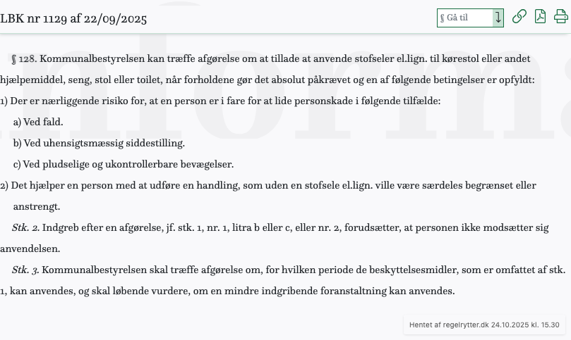 Screenshot af § 128. fra retsinformation.dk