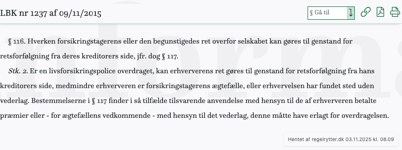 Screenshot af § 116. fra retsinformation.dk