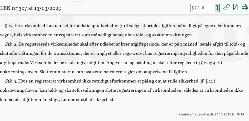 Screenshot af § 17. fra retsinformation.dk