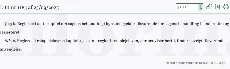 Screenshot af § 45 k. fra retsinformation.dk