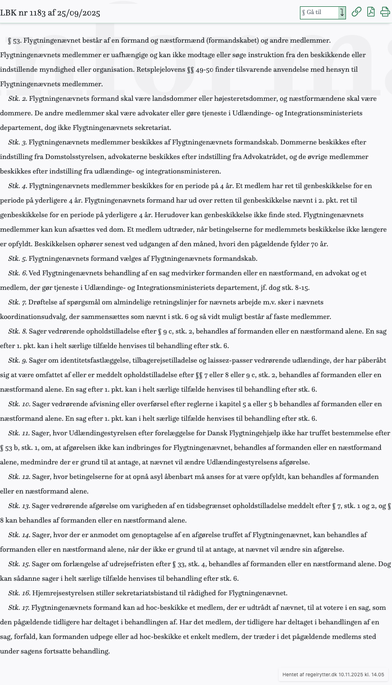 Screenshot af § 53. fra retsinformation.dk