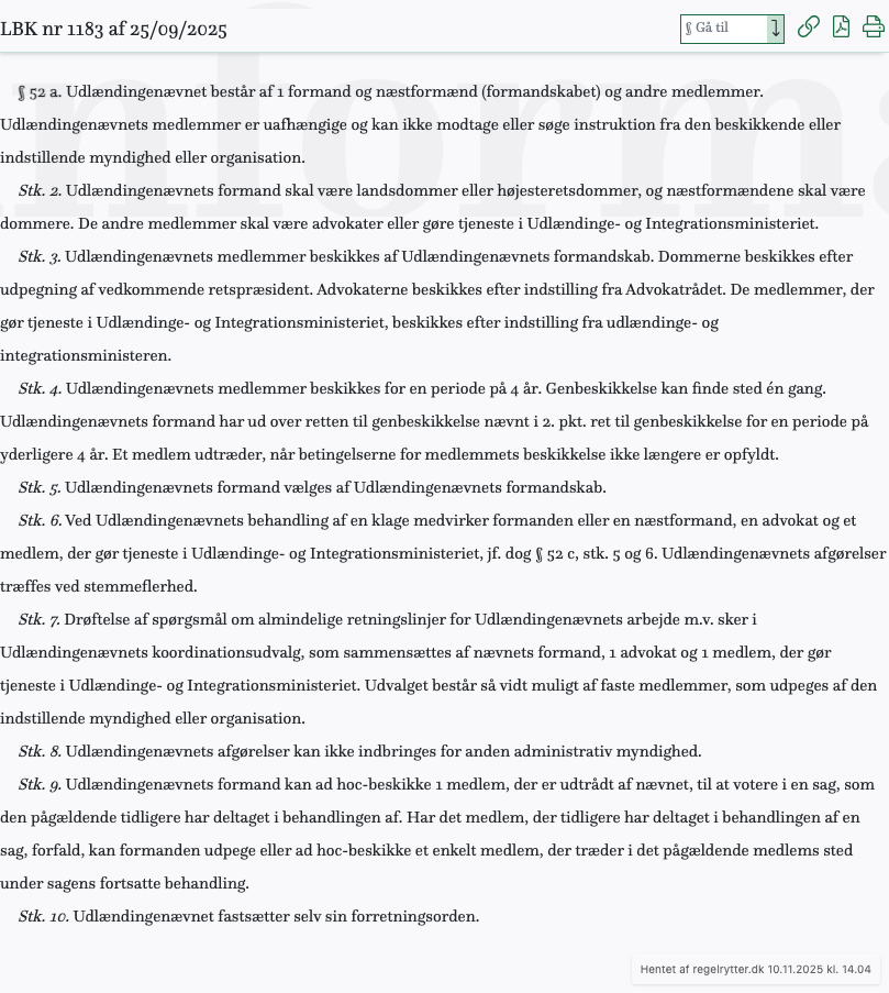 Screenshot af § 52 a. fra retsinformation.dk