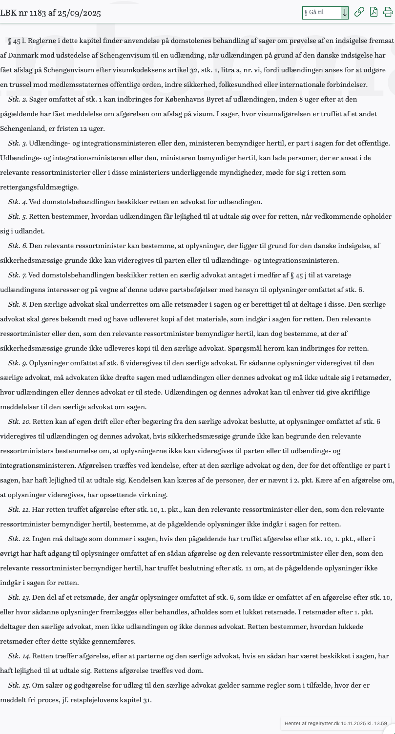 Screenshot af § 45 l. fra retsinformation.dk