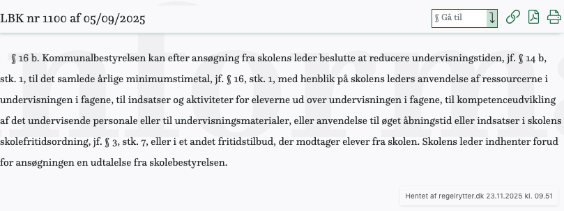 Screenshot af § 16 b. fra retsinformation.dk