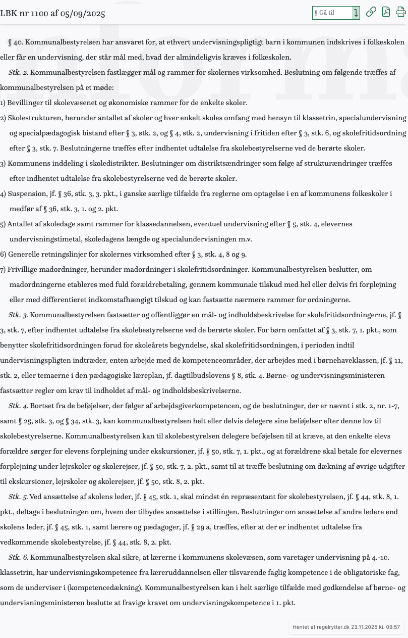 Screenshot af § 40. fra retsinformation.dk