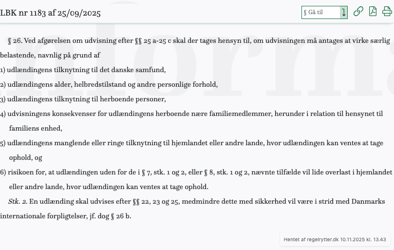 Screenshot af § 26. fra retsinformation.dk