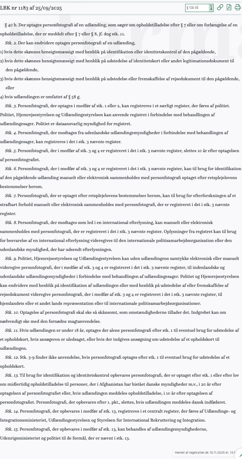 Screenshot af § 40 b. fra retsinformation.dk