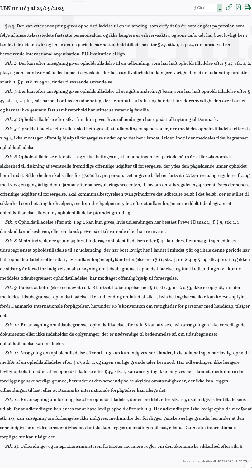 Screenshot af § 9 q. fra retsinformation.dk