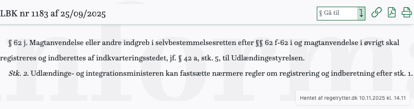 Screenshot af § 62 j. fra retsinformation.dk