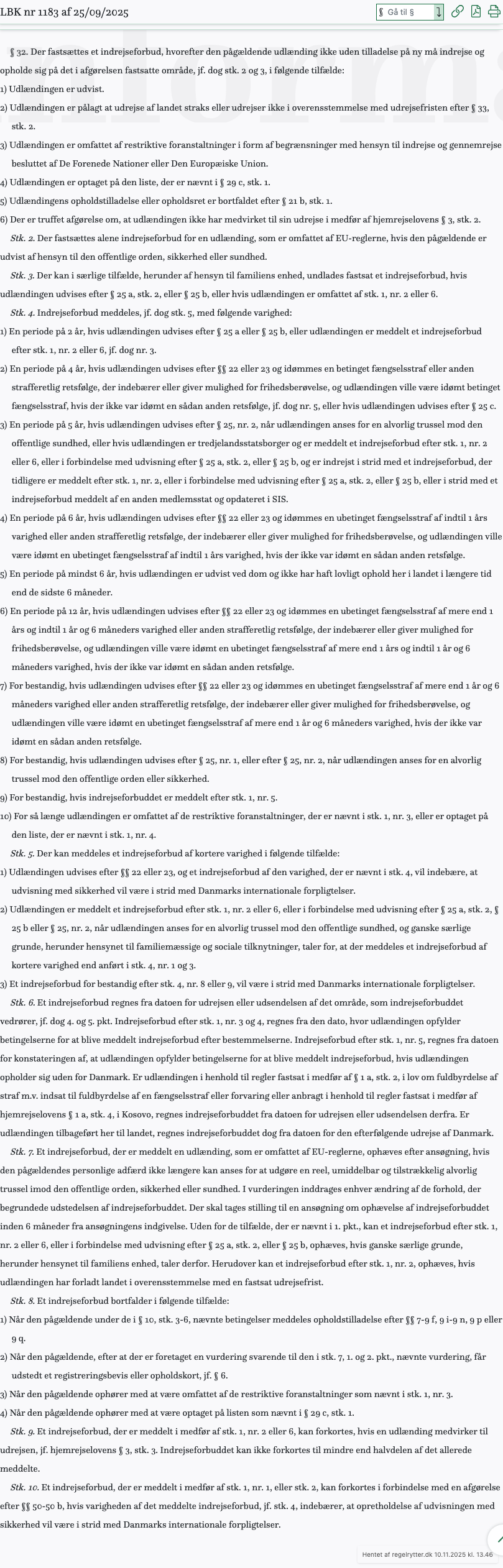 Screenshot af § 32. fra retsinformation.dk