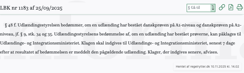 Screenshot af § 48 f. fra retsinformation.dk