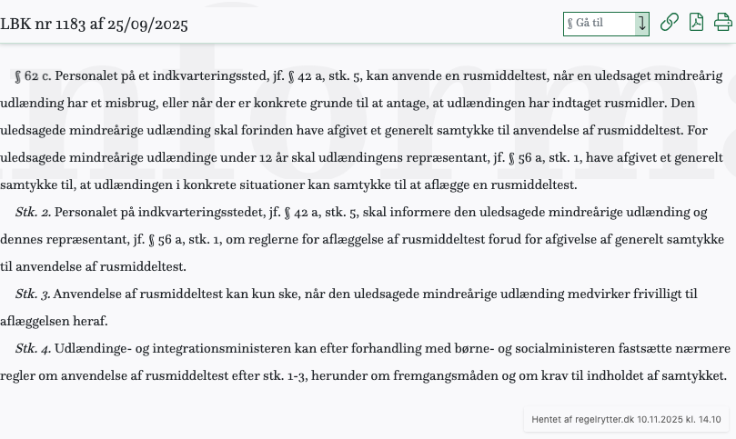 Screenshot af § 62 c. fra retsinformation.dk