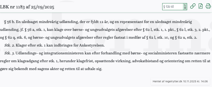 Screenshot af § 56 b. fra retsinformation.dk
