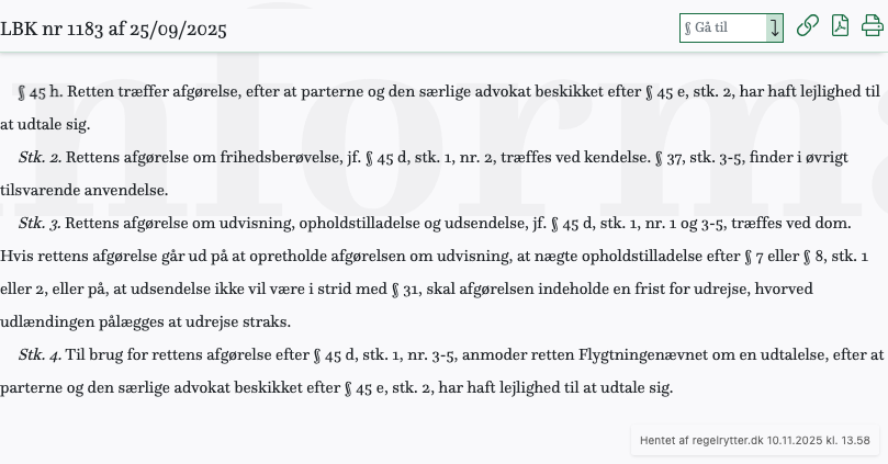 Screenshot af § 45 h. fra retsinformation.dk