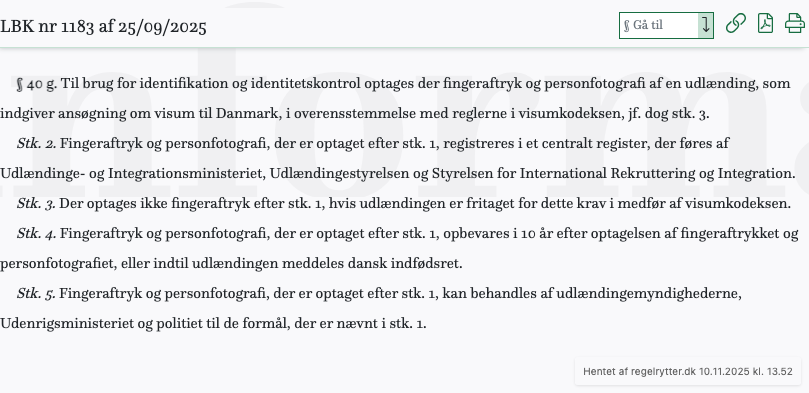 Screenshot af § 40 g. fra retsinformation.dk