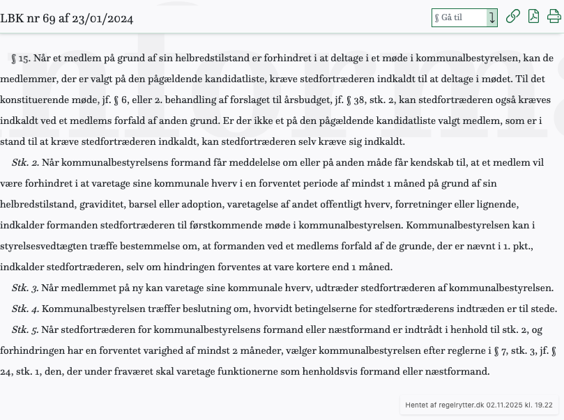Screenshot af § 15. fra retsinformation.dk