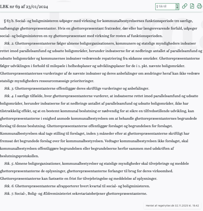 Screenshot af § 63 b. fra retsinformation.dk