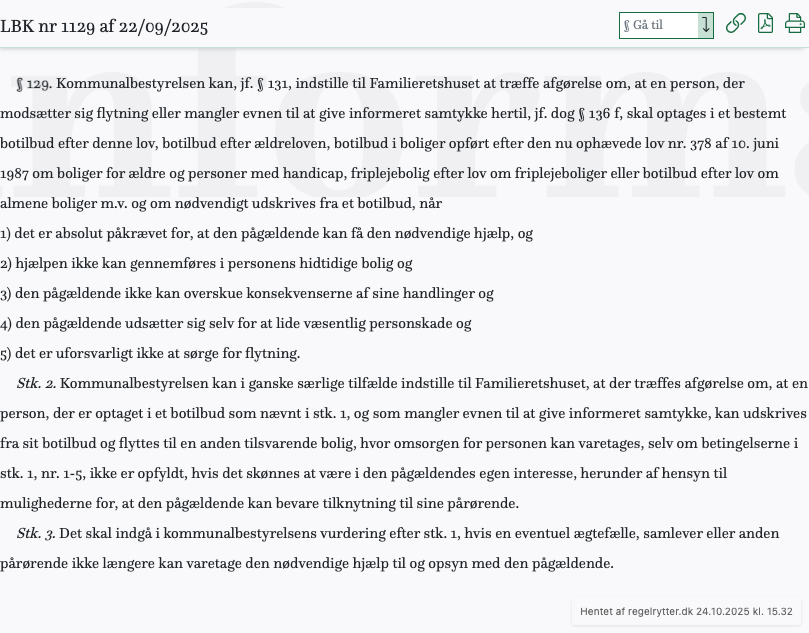 Screenshot af § 129. fra retsinformation.dk