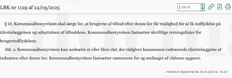 Screenshot af § 16. fra retsinformation.dk
