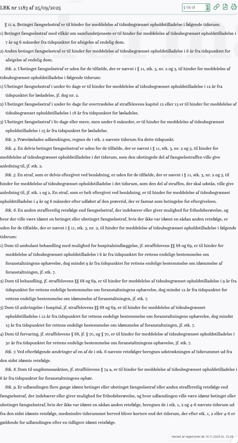 Screenshot af § 11 a. fra retsinformation.dk