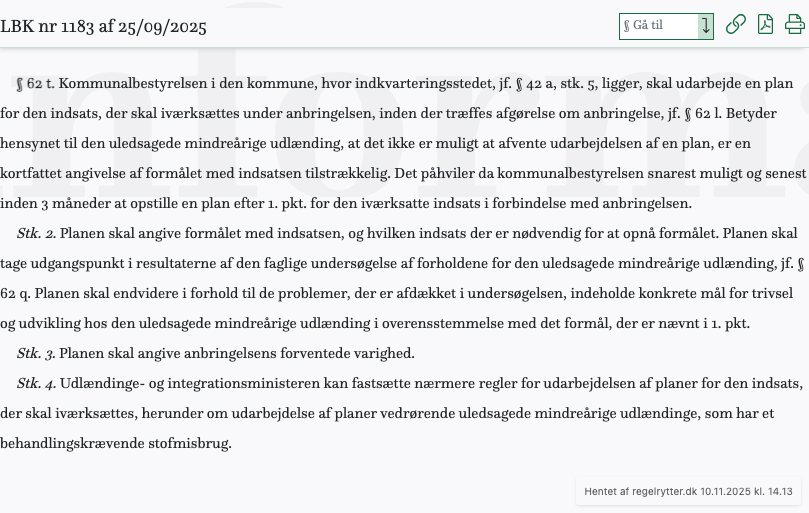 Screenshot af § 62 t. fra retsinformation.dk