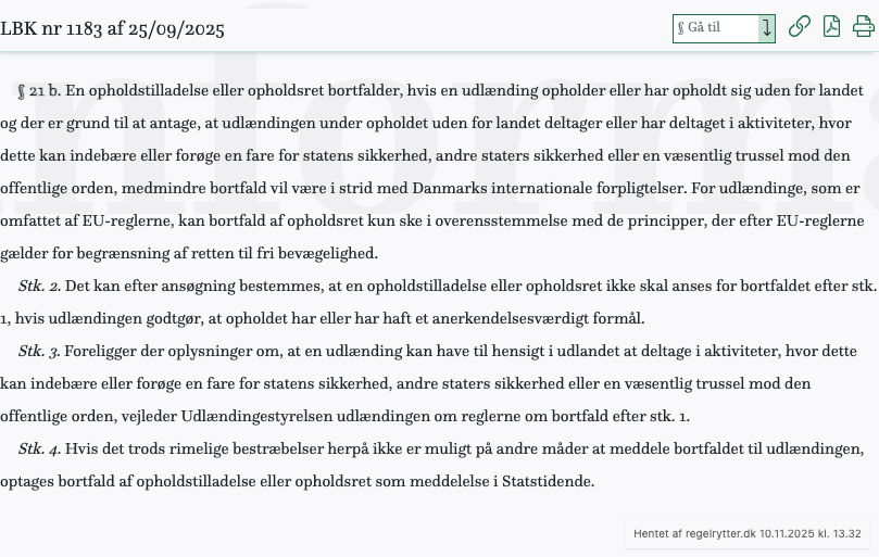 Screenshot af § 21 b. fra retsinformation.dk