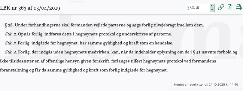 Screenshot af § 38. fra retsinformation.dk