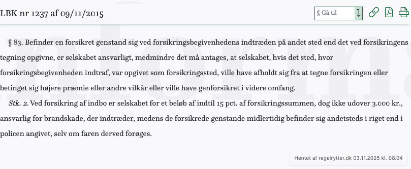 Screenshot af § 83. fra retsinformation.dk