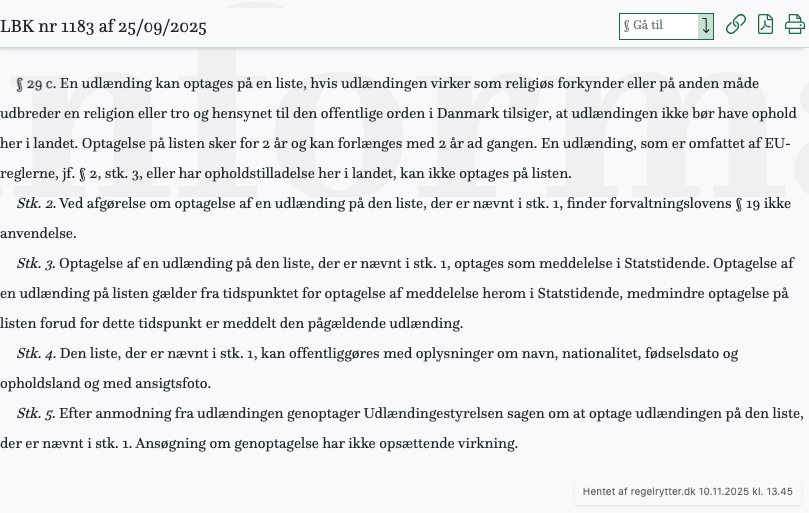 Screenshot af § 29 c. fra retsinformation.dk