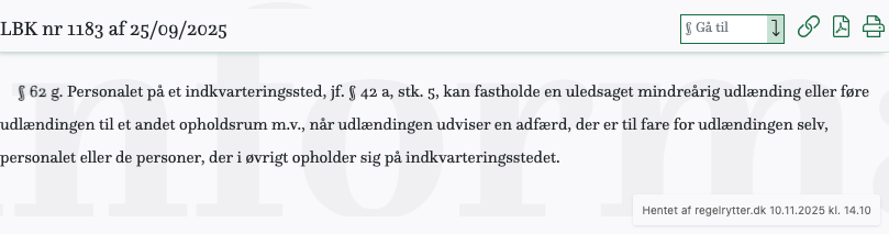 Screenshot af § 62 g. fra retsinformation.dk