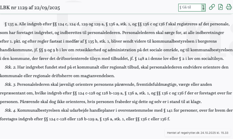 Screenshot af § 135 a. fra retsinformation.dk