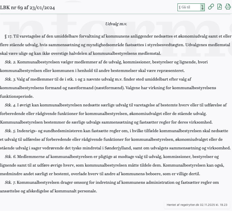 Screenshot af § 17. fra retsinformation.dk