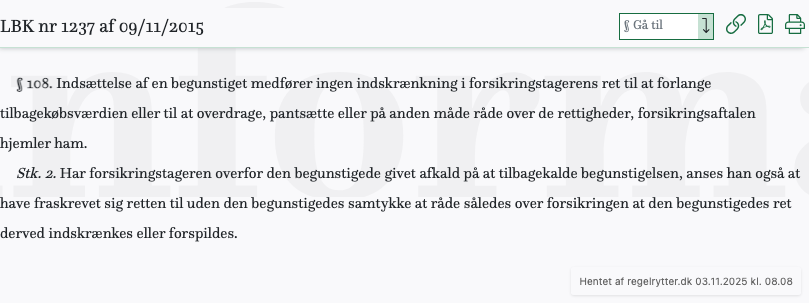 Screenshot af § 108. fra retsinformation.dk